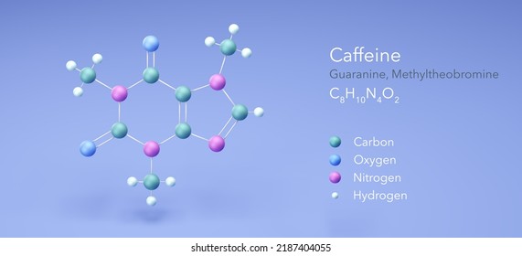 Caffeine, Guaranine. Molecular Structures, 3d Rendering, Structural Chemical Formula And Atoms With Color Coding