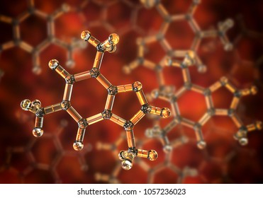 Caffeine molecule, 3d illustration. Caffeine is found in coffee, tea, energy drinks, is used in medicine
