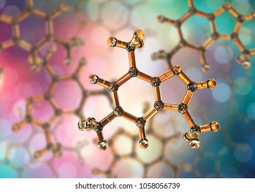 Caffeine molecule, 3d illustration. Caffeine is found in coffee, tea, energy drinks, is used in medicine