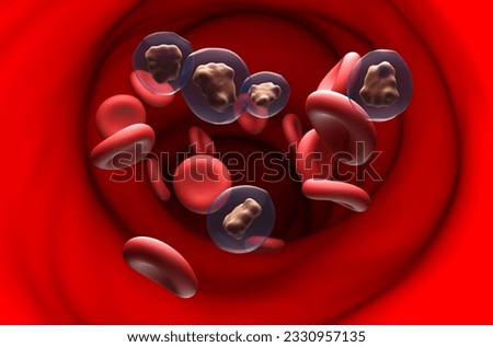 Caffeine molecules in the blood flow - section view 3d illustration