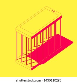The cage made of smartphone on yellow background. Mobile phone addiction concept illustration.