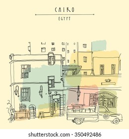 Cairo, Egypt, North Africa. A man selling hookahs in front of his house in old town. A pickup car parked. Travel poster, postcard or coloring book page. Artistic hand drawing, lettering