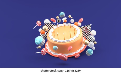 Cake among colorful balls on a purple background.-3d rendering.