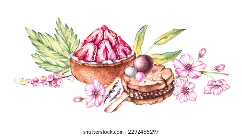 Cake, cookies, flowers watercolor composition on a white background. Isolated illustration for decoration, restaurant, confectionery, menu, postcard, logo, business card - Powered by Shutterstock