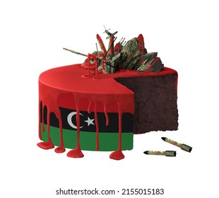 Cake From Hell. Conceptual Territory Occupation, War Destruction Graphics In Colors Of National Flag. Libyan Arab Jamahiriya