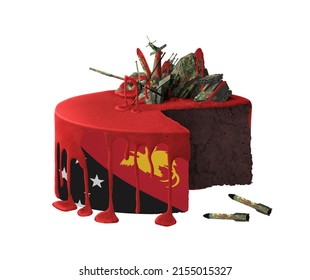 Cake From Hell. Conceptual Territory Occupation, War Destruction Graphics In Colors Of National Flag. Papua New Guinea