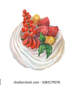 Cake Meringue With Fruit. Dessert Anna Pavlova. Watercolor Illustration