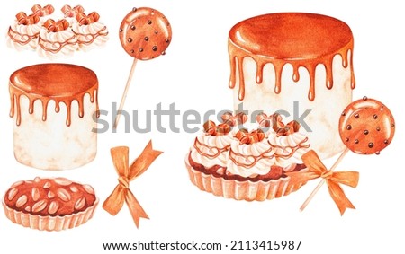 Cake, pie and lollipop composition. Desserts.Watercolor illustration.Isolated on a white background.