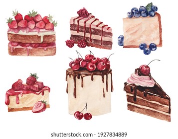 Cakes candy pastry watercolor illustration set