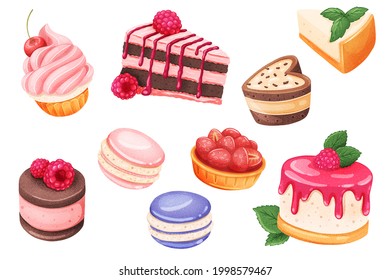 Cakes stickers set. Bundle of objects confectionery. Various cakes and pies with raspberries, strawberries and cherries, cookies and sweets. 3d illustration with isolated elements in realistic design