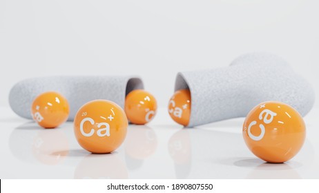 Calcium With Bone-building Supplements Concept. Yellow Ball CA Text And A Half Bone On The White Background. Health Care Vitamin Supplement. 3d Render. 