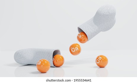 Calcium With Bone-building Supplements Concept. Yellow Ball CA Text And A Half Bone On The White Background. Health Care Vitamin Supplement. 3d Render. 