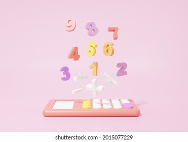 Calcucator and basic math operation symbols math, plus, minus, multiplication, number divide on pink background. Mathematic learning financial education concept. 3d rendering