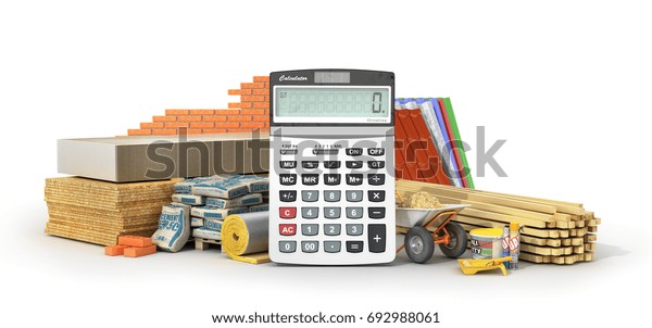 计算材料成本。 一套建筑材料和工具与计算器隔离在白色背景。3d 插图 