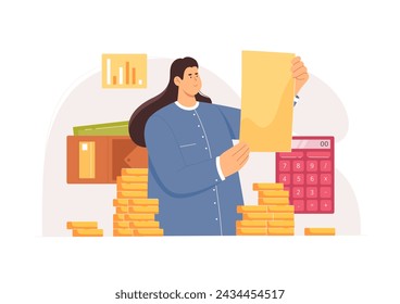 Calculation of income and expenses, business accounting financial service illustration. Cartoon tiny woman calculating budget, working with calculator, money, payroll and paper invoices - Powered by Shutterstock