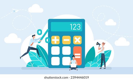 Calculator app. Tiny people with calculating. Math formulas and calculations, mathematics school, university lessons. Cartoon tiny people using calculator for homework. Accounting. Flat illustration