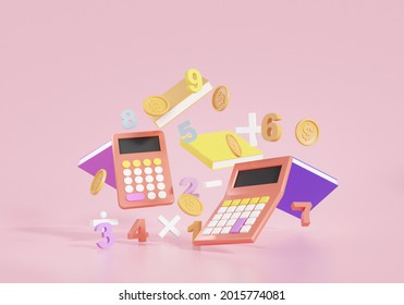 Calculator arithmetic finance education concept. basic math operation symbols math, plus, minus, number divide Mathematic calculate Economics. 3D render illustration