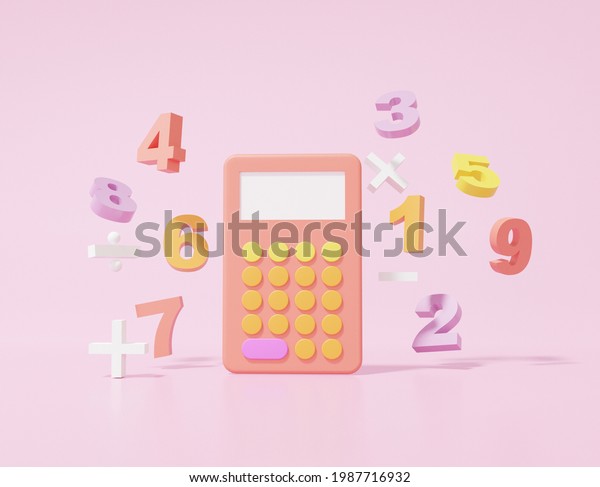 Calculator and\
basic math operation symbols math, plus, minus, multiplication,\
number divide on pink background. Mathematic learning education\
concept. minimal cartoon style. 3d render\
