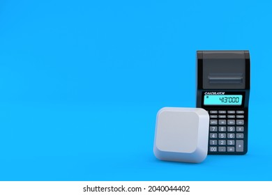 Calculator With Blank Keyboard Key Isolated On Blue Background. 3d Illustration