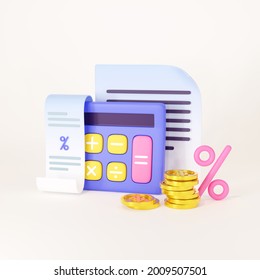 Calculator With Coins And Bill, Check Or Invoice. Concepts For Taxes, Finance, Accounting, Budget Planning. 3d Render