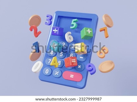 Calculator with coins money basic math operation symbols math, plus, minus, multiplication, number divide, mathematic learning calculation finance education concept. calculate tax payment. 3d render