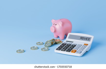 Calculator, Gold Coins And Piggy Bank. Concept Of Financial Crisis. Advice Or Protection Of Money Savings. 3d Rendering. 