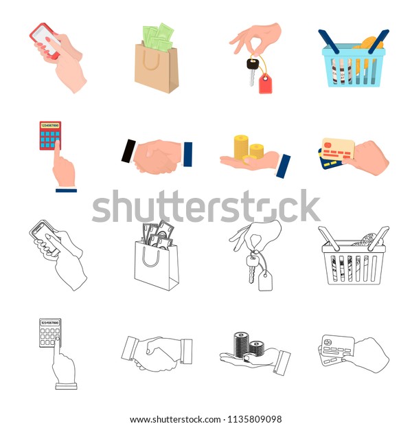Calculator, handshake and other web icon in\
cartoon,outline style.a stack of coins on the palm, credit cards\
icons in set\
collection.