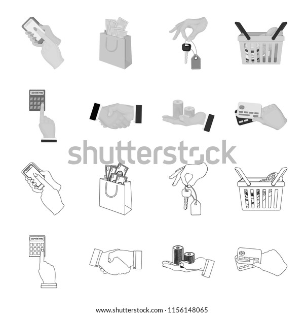 Calculator, handshake and other web icon in
outline,monochrome style.a stack of coins on the palm, credit cards
icons in set
collection.