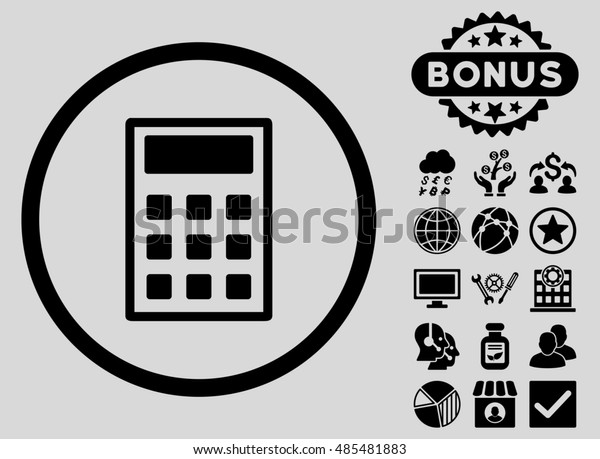 Calculator icon with\
bonus. Glyph illustration style is flat iconic symbols, black\
color, light gray\
background.
