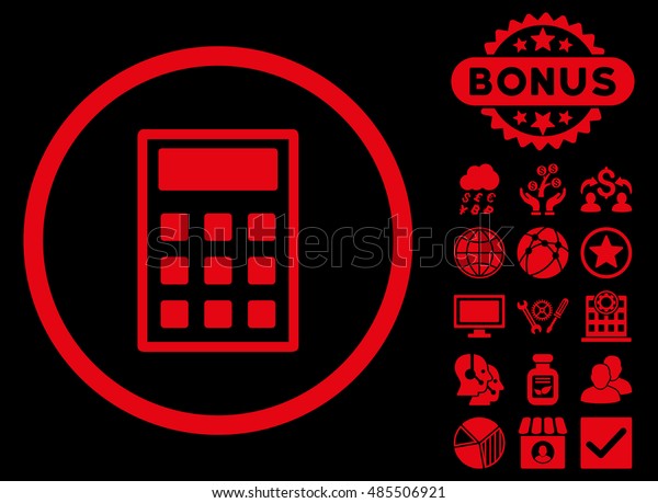 Calculator icon with bonus.\
Glyph illustration style is flat iconic symbols, red color, black\
background.