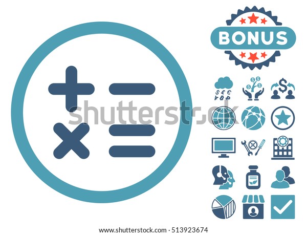 Calculator icon with bonus symbols. Glyph\
illustration style is flat iconic bicolor symbols, cyan and blue\
colors, white\
background.