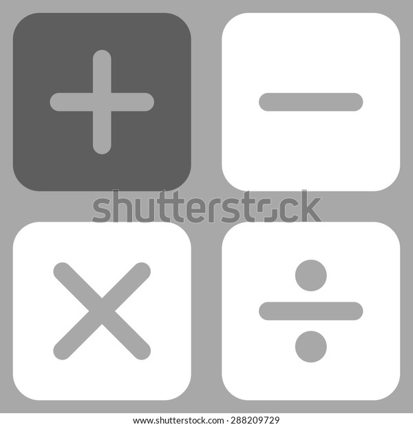 Calculator icon from Business Bicolor Set.\
This flat raster symbol uses dark gray and white colors, rounded\
angles, and isolated on a silver\
background.