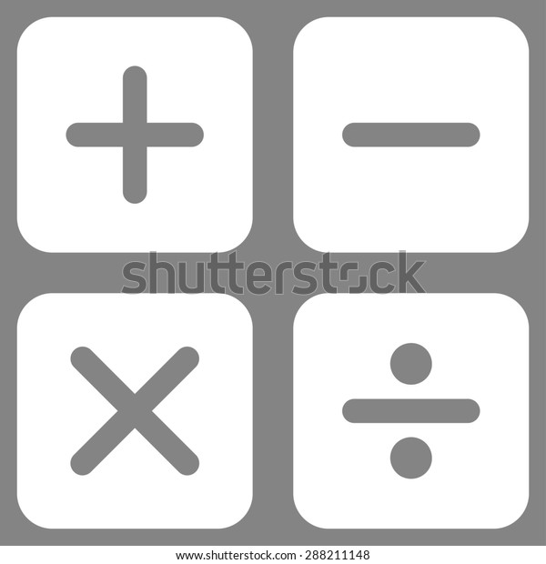 Calculator icon from Business Bicolor Set.\
This flat raster symbol uses white color, rounded angles, and\
isolated on a gray\
background.