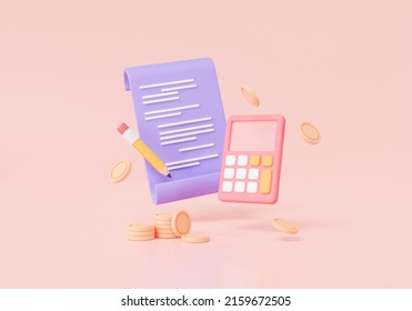 Calculator Icon And Paper Document With Financial Reports.Budget Planning, Financial Calculation, Paper Bill, Transaction Receipt, Finance Analyst.Economics Education Concept.3d Render Illustration