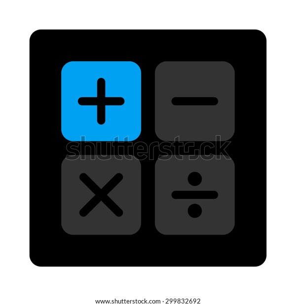 Calculator\
icon. This flat rounded square black button uses gray and blue\
colors and isolated on a white\
background.