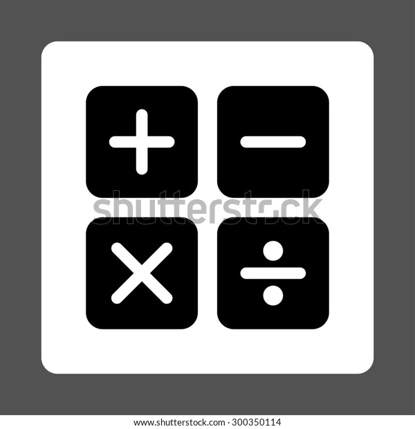 Calculator icon. This\
flat rounded square button uses black and white colors and isolated\
on a gray\
background.