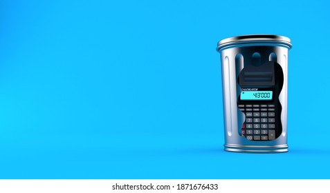 Calculator Inside Trash Can Isolated On Blue Background. 3d Illustration