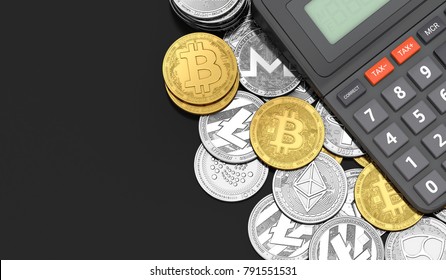Calculator laying on Bitcoin and altcoins. Copy space on the left. Tax calculation concept. 3D rendering
