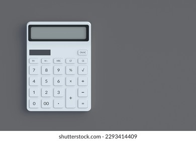 Calculator on gray table. Back to school. Office supplies. Financial crisis. Home, family budget. Top view. Copy space. 3d render