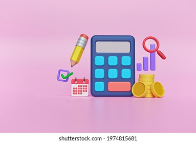 Calculator, Pencil, Calendar, Coins. Budget Planning, Financial Calculation And Money Saving Concept. 3d Rendering