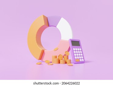 Calculator And Stack Coins, Financial Graph Economics Analytics. Cost Reduction Saving Education Concept. On Purple Background. 3d Render  Illustration