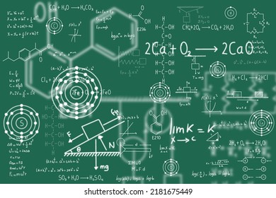 Calculus Equations, Algebra, Organic Chemistry, Chemical Reactions, Chemical Elements, Physics, Rectilinear Motion, Statics, Electromagnetism, Friction Force, Energy, With Green Background