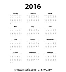 Calendar 2016 Week Starts Monday Simple Stock Illustration 345792389 ...