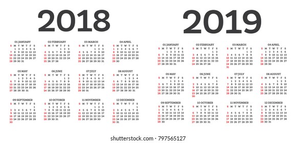 Calendar 2018 2019 Isolated on White Background. Week starts from Sunday. 