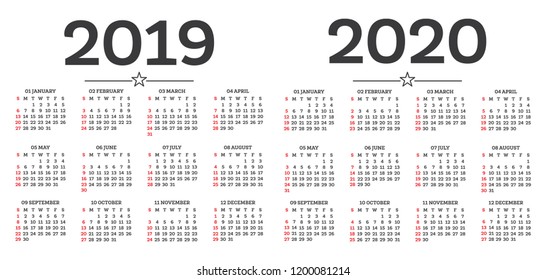 Calendar 2019 2020 Isolated on White Background. Week starts from Sunday.