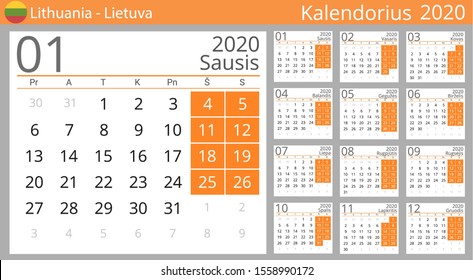 Calendar 2020 Year Lithuania Country Lithuanian Stock Illustration