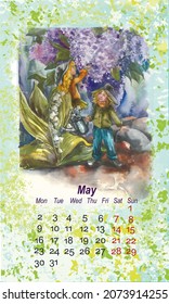 Calendar 2022, For Children, Watercolor Illustrations, A Story About Fabulous Little People. May, Lilac, Lilies Of The Valley, Flowers, Sun