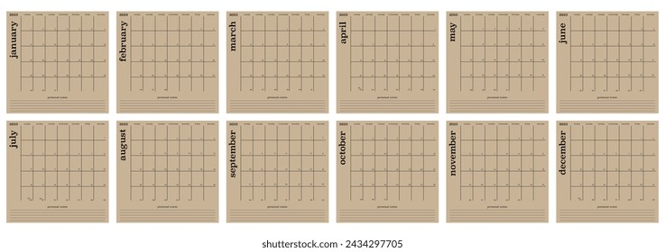 Calendar for 2023. The week starts on Sunday. Wall calendar in minimalist style with space for notes. In brown color.	
 - Powered by Shutterstock