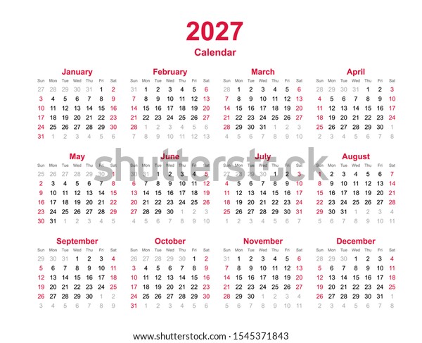 Calendar 2027 12 Months Yearly Calendar Stock Illustration 1545371843