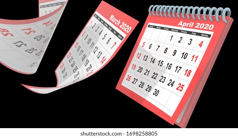 Calendar April 2020 Monthly  Flying Pages Isolated Red - 3d Rendering